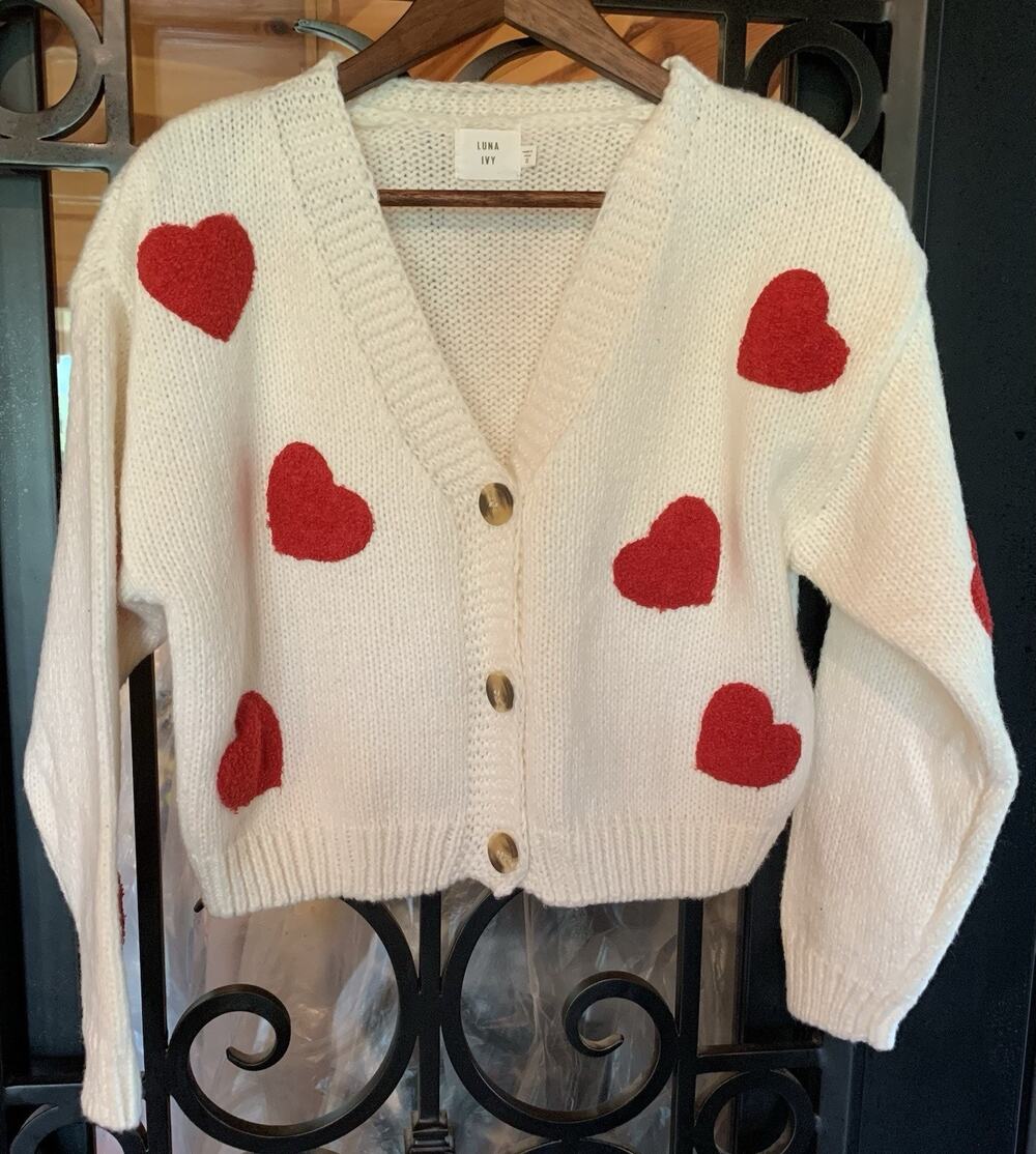 Luna Ivy 3-D Heart Cardigan Sweater Chunky Knit Cropped Womens Size S